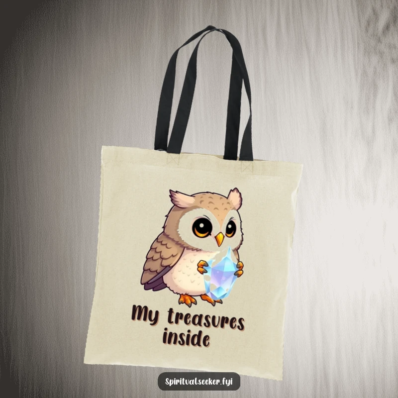 Funny curious owl tote bag, showing an owl investigating a bright crystal. A stylish and humorous bag for carrying daily necessities.