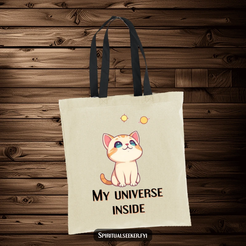 Funny curious cat tote bag, showing a cat looking up at the stars, ideal for carrying essentials with a touch of cosmic humor.