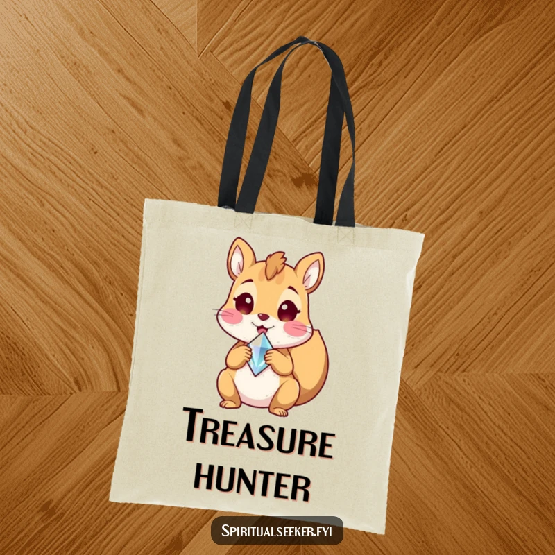 Funny tote bag with a delighted squirrel character holding a crystal shard, perfect for carrying treasures with joyful flair, a perfect funny gift.